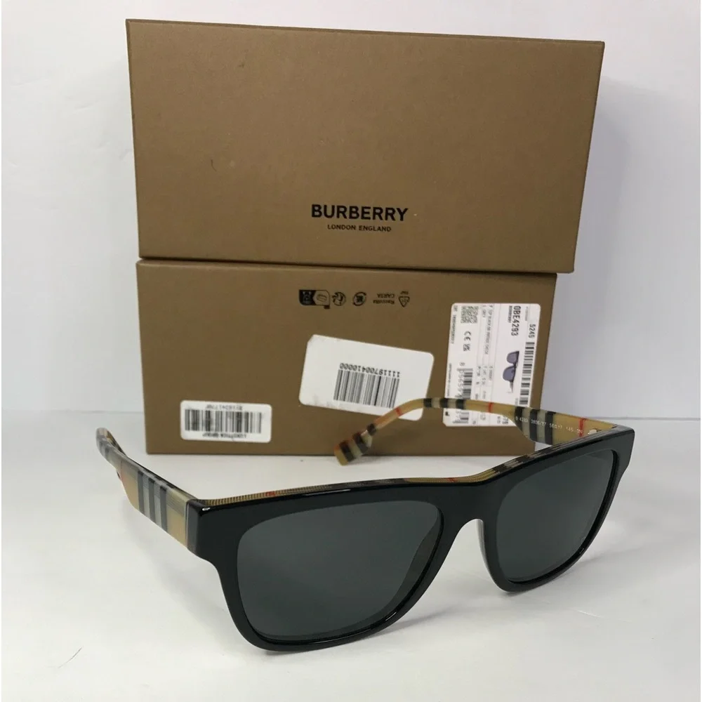 BURBERRY BE4293 380687 square sunglass black on vintage check framegrey lenses.